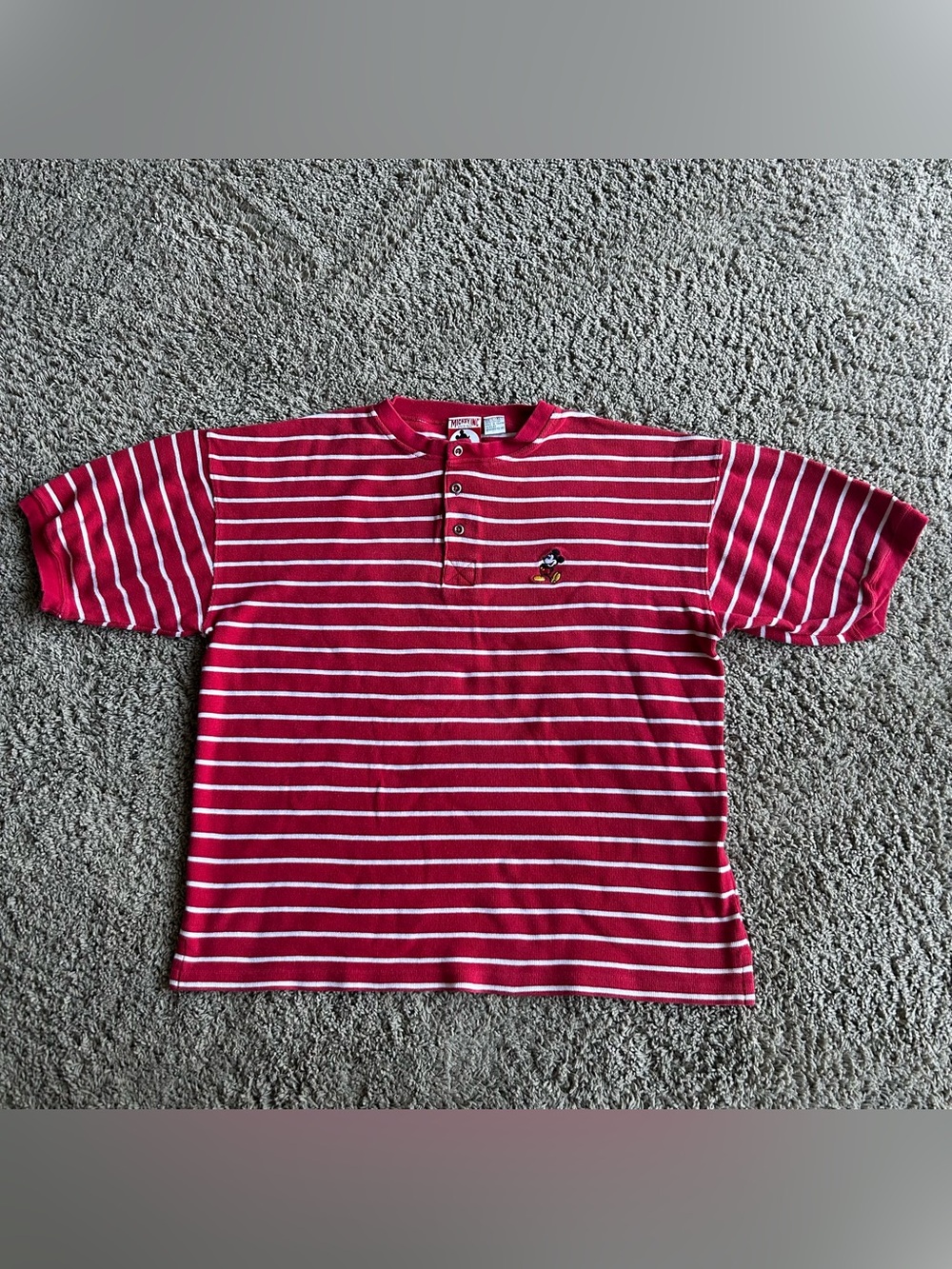 Vintage 90s Mickey Inc Disney Red Stripe L/XL Henley Shirt Embroidered Mickey